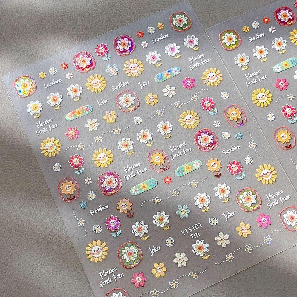 Childlike Sunflower 5D Embossed Nail Art Stickers - Retro Floral Design