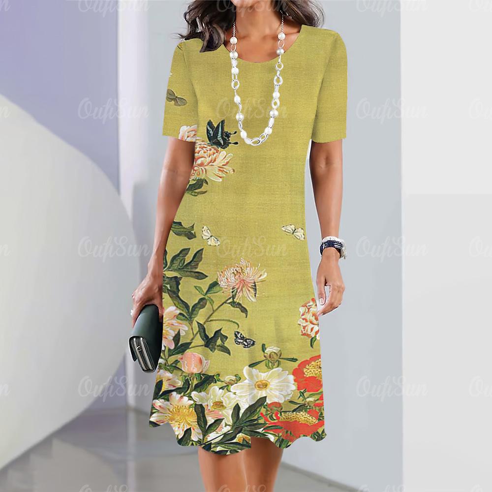 Ilusad naiste kleidid 3D lilledega trükitud naisterõivad vabaaja A-lõikeline seelik ülisuured O-kaelusega topid suvine elegantne naiste kleit