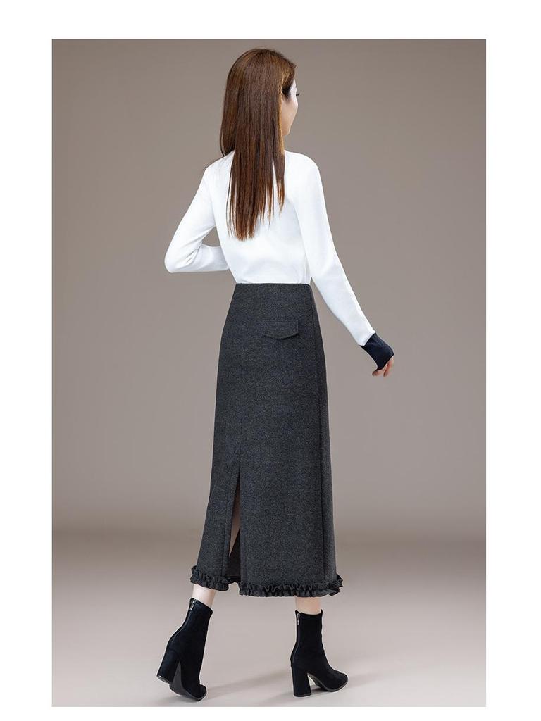 Women's Plus Size High Waist A-Line Woolen Skirt with Lace Detail - Autumn/Winter