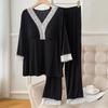 Spring V-neck Long-sleeve Pajama Set with Built-in Bra Pads - Plus Size