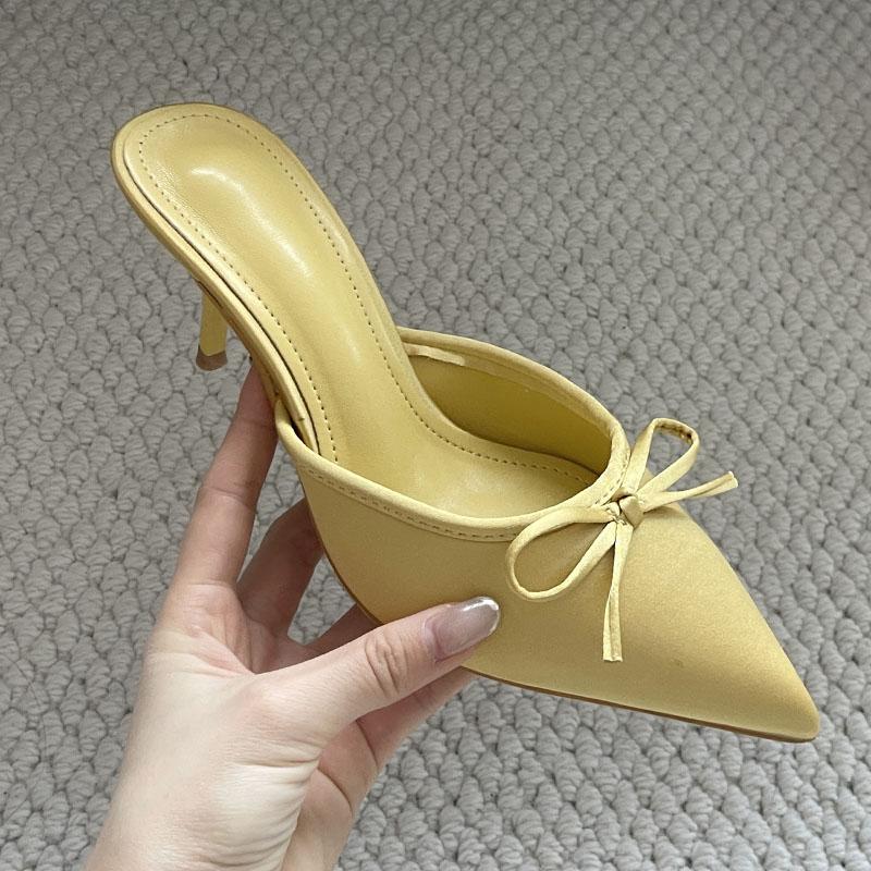 Fashion Big Size 43 Fashion Butterfly-Knot Ladies Heels Slippers Female Pointed Toe Slides Women Heeled Slippers Sandals Shoes Mules