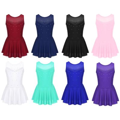 Kids Girls Sleeveless Sparkly Rhinestone Figure Ice Skating Roller Skating Costumes Ballet Dance Leotard Dress