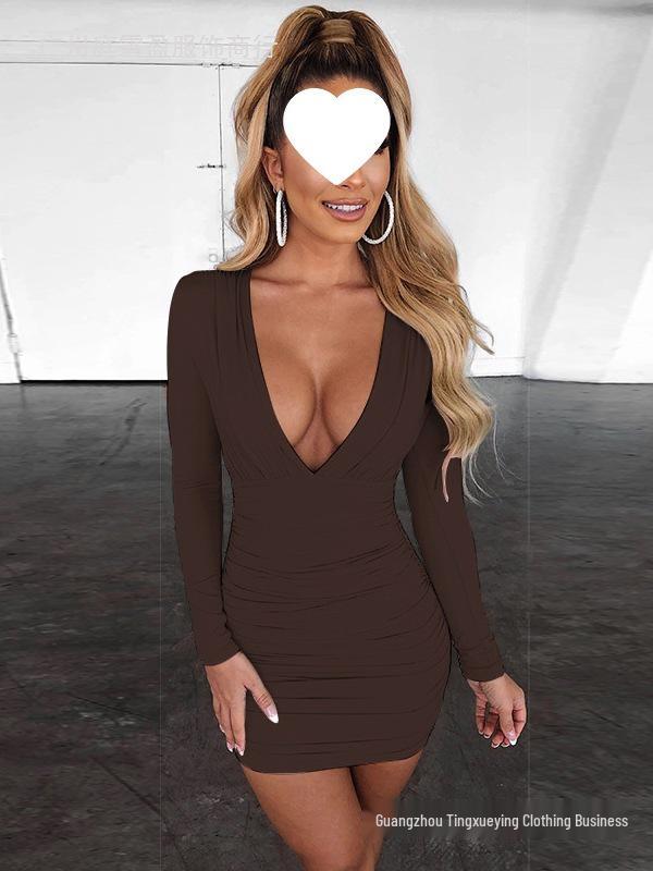 European Sexy Deep V Ruffled Bodycon Dress for Autumn/Winter