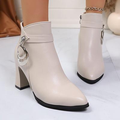Nouvelles Bottes de Mode Femme Automne Hiver 2025, Bottines à Talons Hauts à Bout Pointu avec Boucle Métallique et Fermeture Éclair Latérale, Talon Épais