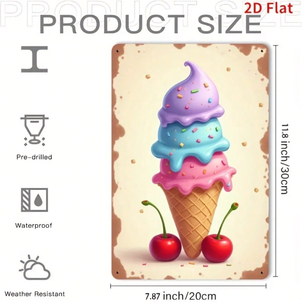 Vintage Metal Tin Sign Ice Cream Cone Wall Decor Retro Kitchen Art 20x30