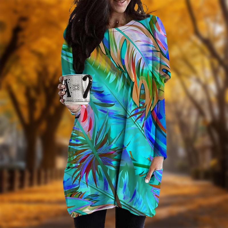 Neu im Herbst Ölgemälde Federn Druck Übergröße Kleid Damen O-Ausschnitt Langarm Lässig Taschenkleider