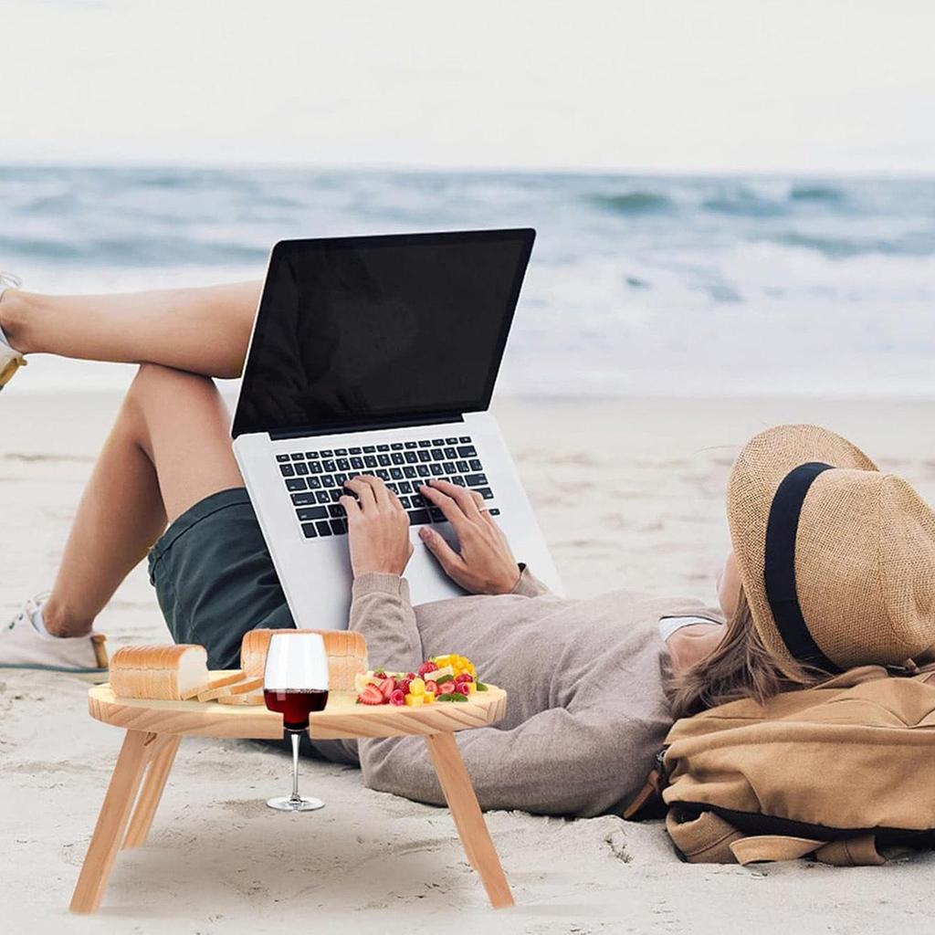 In-Stock Pine Wood Folding Table: Outdoor Camping, Picnic, Portable Snack & Dining Table with Red Wine Glass Storage
