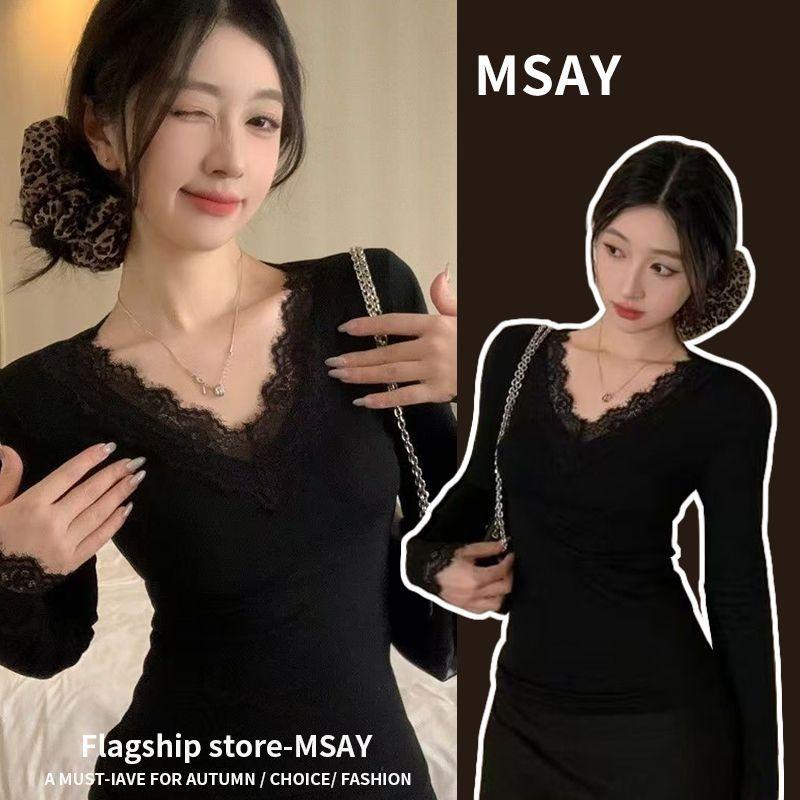Women S Long Sleeve V Neck Lace Thermal Fitted Base Top
