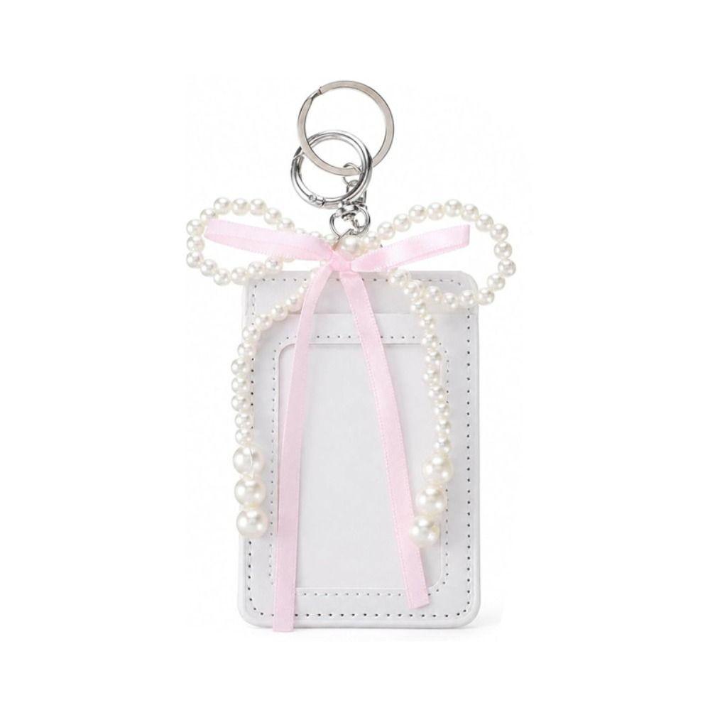 Stylish INS Style Cute Photocard Holder Decorative Pearl Bow Girls Photocard Case Soft PU Protective Photos Bag Charm Keychain