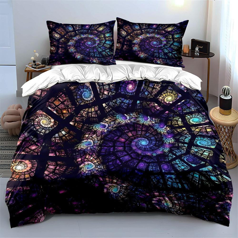 3Pcs Stained Glass Bedding Set, Purple And Blue Spiral Galaxy Print Duvet Cover + 2 Pillowcases, Large-Sized Home Decor, Gifts