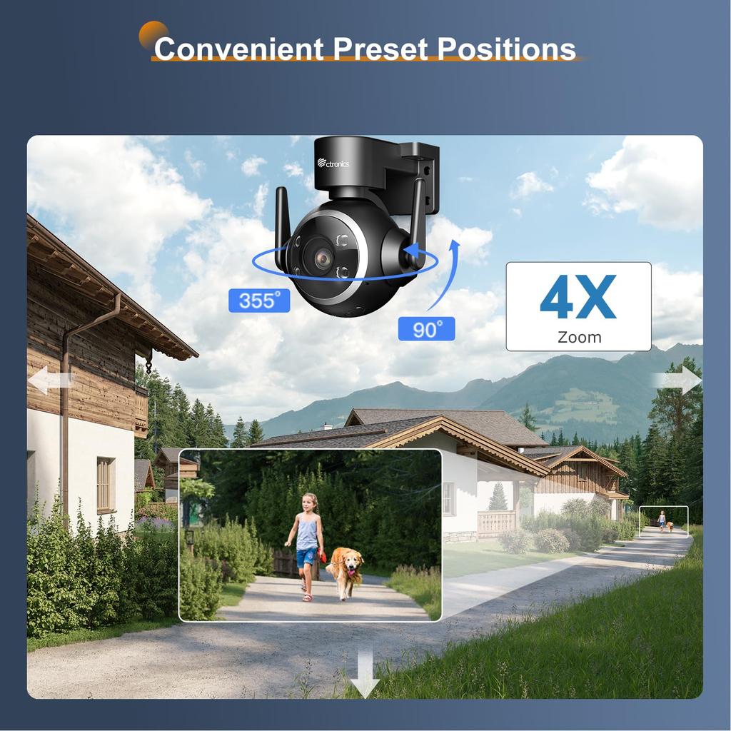 Ctronics Outdoor Security Camera Set of 2K Auto AI Human 8 Preset Color Night Vision Spotlight Remote 128GB Micro SD Card IP66 4, WiFi, 3MP, Tracking,