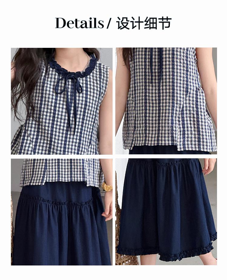New Korean plaid sleeveless top and skirt for girls' summer outfit, stylish and fashionable two-piece set for children