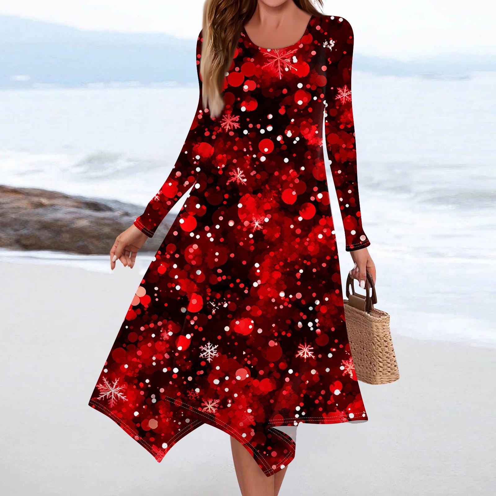 

Женское повседневное модное платье миди с круглым вырезом и длинным рукавом с принтом и неровным подолом L винный