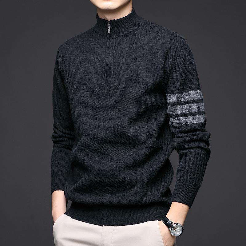 Manzibo Men's Half-Zip Jacquard Knit Stand Collar Sweater - Breathable Casual Autumn/Winter Pullover