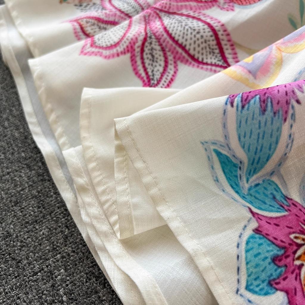 Elegant Linen Floral Holiday Robe Dress Women Spring Summer Stand Long Lantern Sleeve Sashes Vestidos Floral Print Clothes