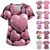 Ladies' Valentine's Day Printed Fashionable V-neck Pocket Short Sleeved  Uniform And Caregiver Top