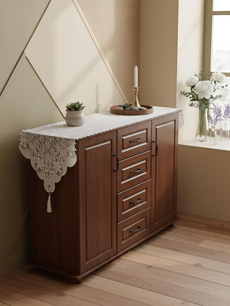 Retro Französische Spitze Tischläufer Weiß Bestickt Langes Tischtuch für Esstisch Sideboard TV-Schrank Kommode Schuhschrank Deko