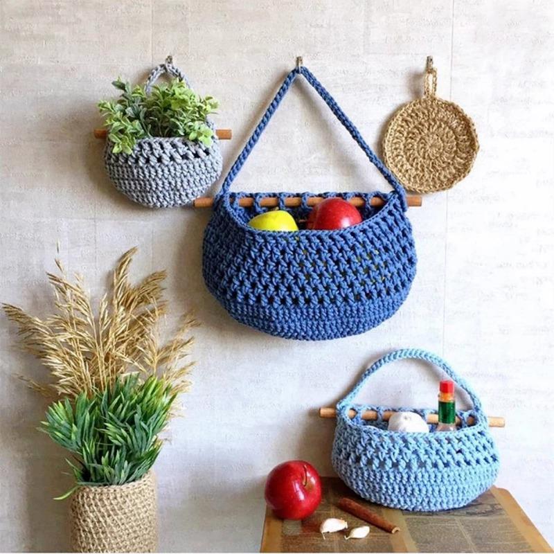 3 Pack 3 Tier INS Macrame Hanging Baskets Handmade Woven Wall Bag Kitchen Wall Mount Fruit Storage Household Food Organizer Rack