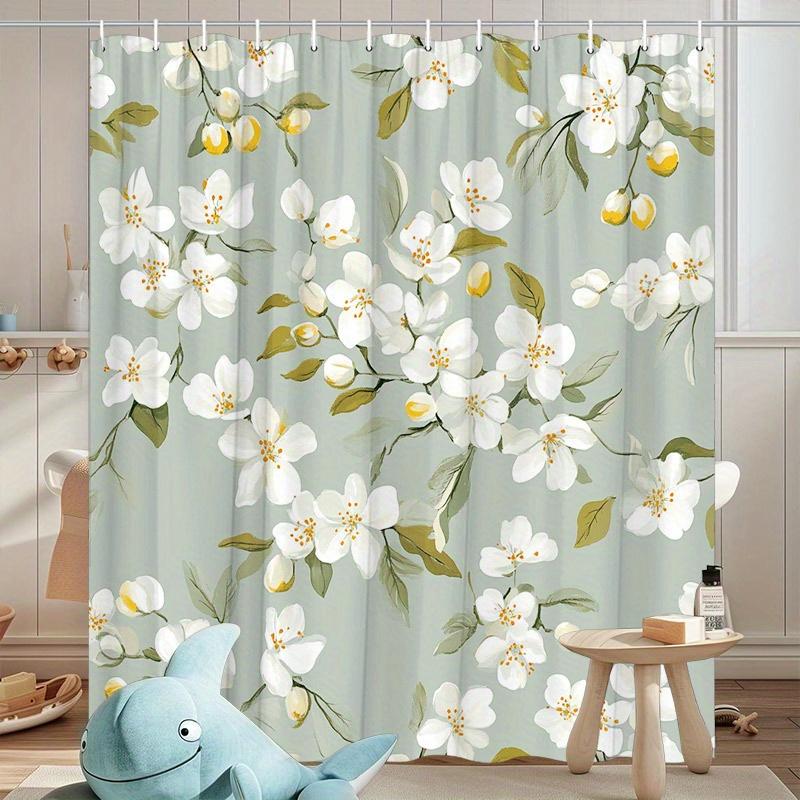 1Pc Sage Green Floral Patterned Shower Curtain, Polyester Fabric, Machine Washable, With Hooks, Suitable For Bathroom Dcor.