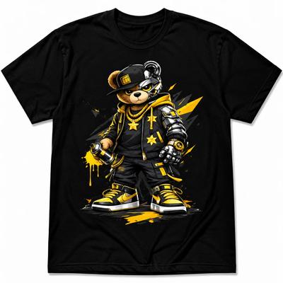 Cyberpunk Robot Teddy Bear T-Shirt Urban Hip Hop Streetwear Black Gold Tee