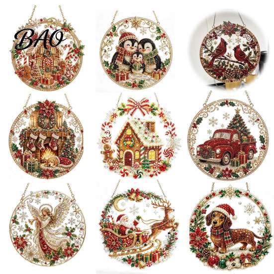 Acryl-Anhänger für den Weihnachtsbaum, Diamond Art Anhänger, 2D Perlenmalerei, Saisonale Heimfensterdekorationen, Muster-Sonnenfänger, Feiertag