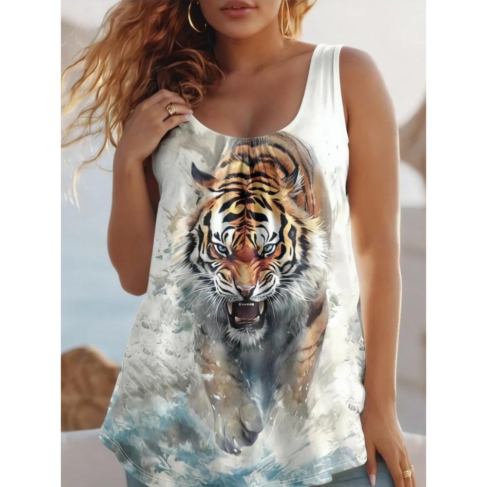 Summer Women's Large Size 3D Printing Flower Tiger Cat Vest Loose Fashionable Comfortable Soft Breathable O Neck Sleeveless Vest