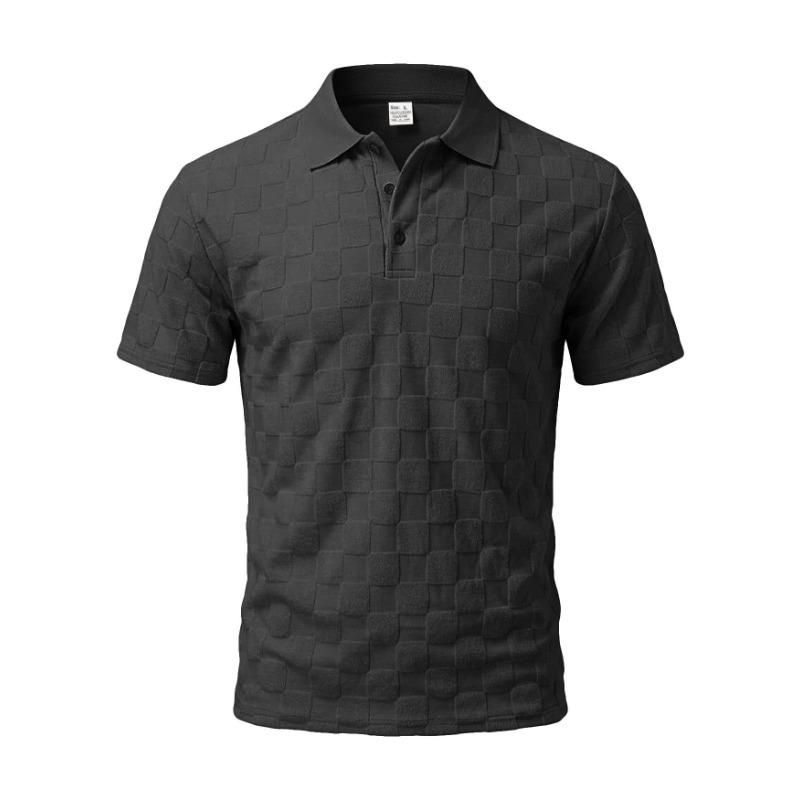 Mens Casual Check Jacquard Short Sleeve Collared Polo Shirt Breathable Loose Summer T-Shirt