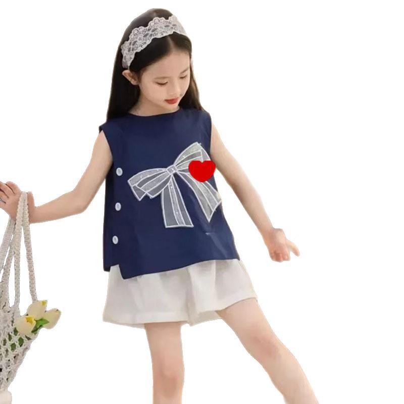Girls Korean Contrast Bow Sleeveless Vest And Shorts Fashion Two Piece Set For Big Kids Summer Outfit