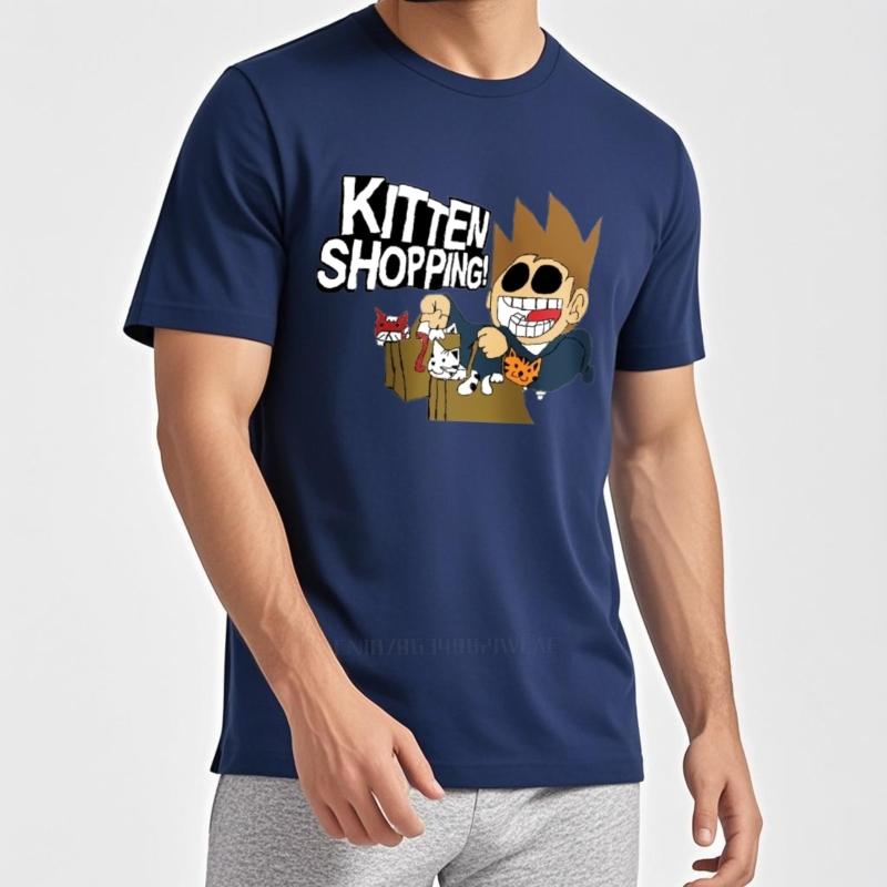 Eddsworld Kitten Shopping Graphic T-Shirt Men's Black Cotton Tee Fashion Casual Streetwear Summer New Top