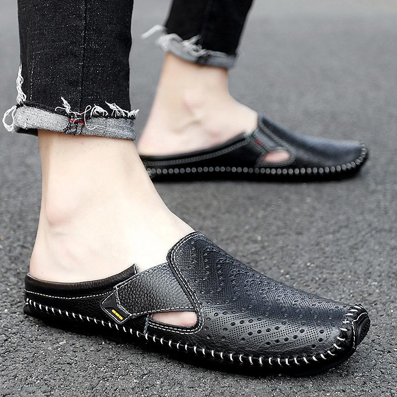 Large Plus Size 45 46 Semi-Drag Casual Shoes Mens Mules Summer Genuine Leather Slip On Half Shoes For Men Loafers Slippers Flats