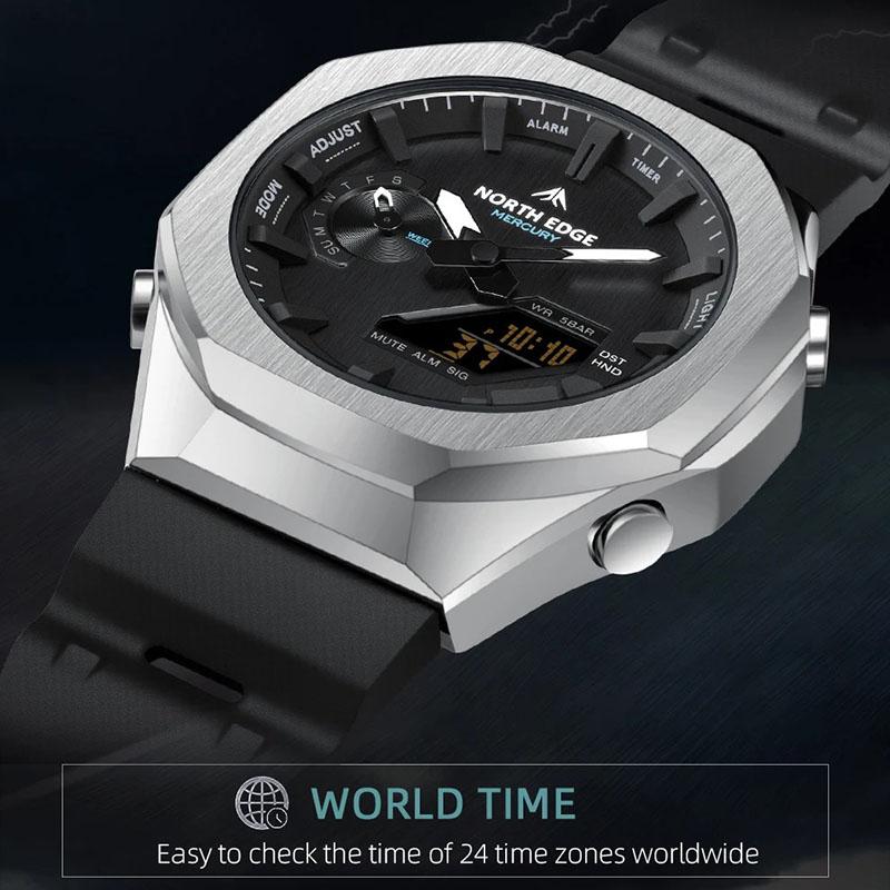 NORTH EDGE MERCURY Men's Military Digital Watch Stopwatch Waterproof 50M Sports Watches World Time