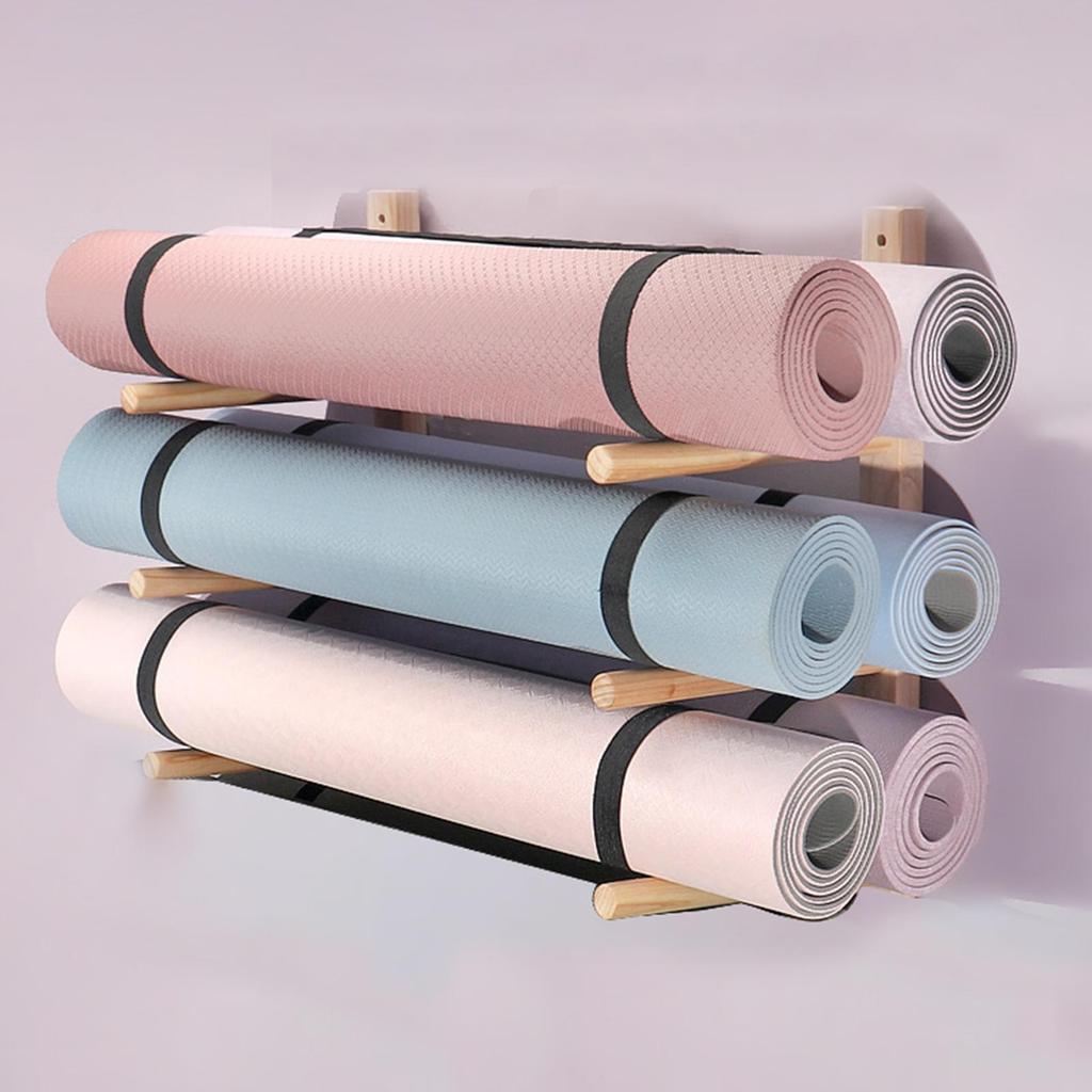 2x Wood Yoga Mat Storage Rack Wall Hooks Lightweight Workout Equipment Weight Stand Yoga Mat Organizer Holder for Foam Roller