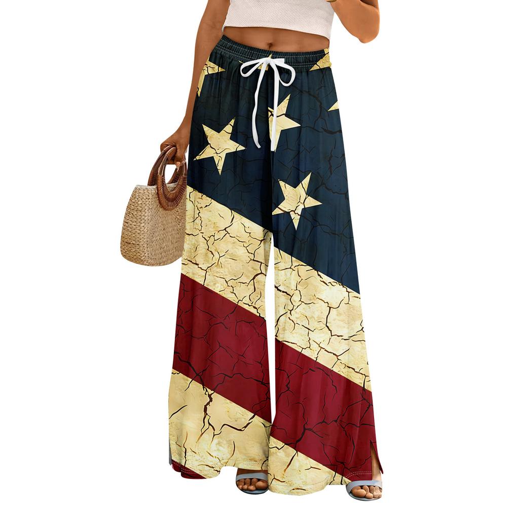 Damen Sommer Boho Palazzo Hose Hohe Taille Weites Bein Independence Printing Freizeithose mit Taschen