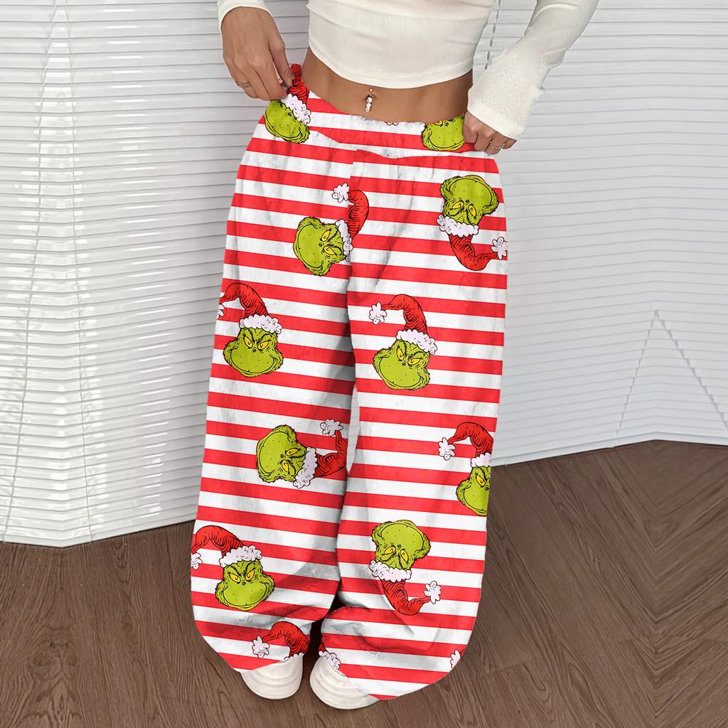 Women's Casual Christmas Print Elastic Waist Loose Fit With Plush Wide Leg Pants
