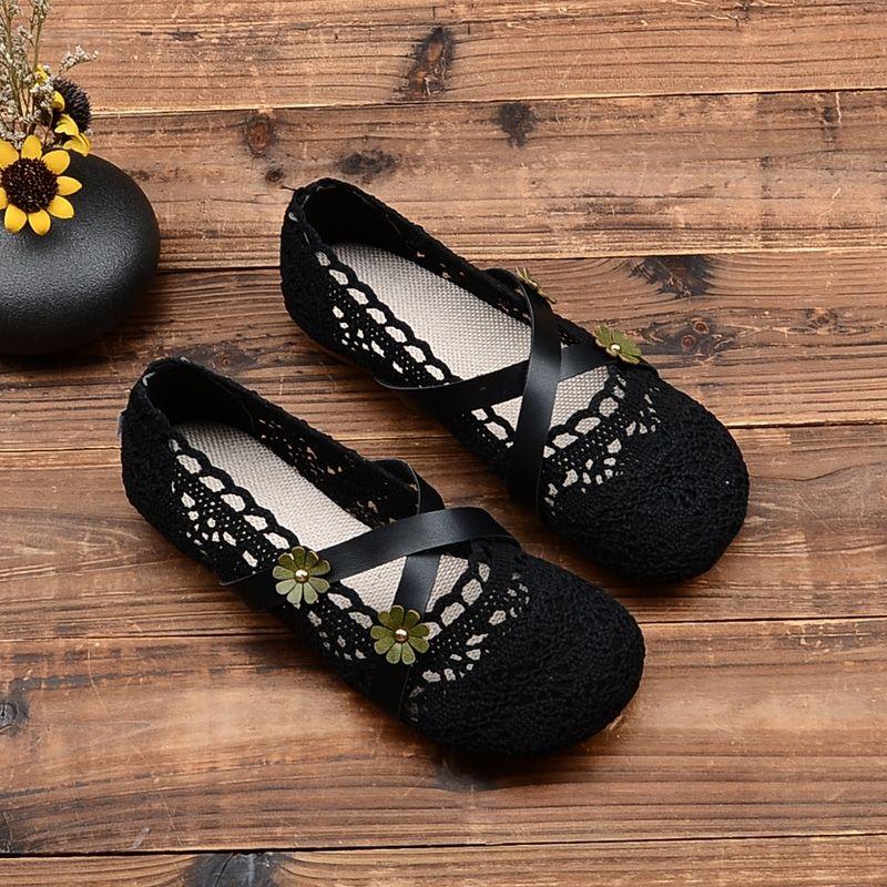 Fashion Elegant Woman Shoe Summer Air Mesh Flats Women's Breathable Mary Jane Shoes Ladies Ankle Strappy Ballet Shoes Cutout Lace Loafer