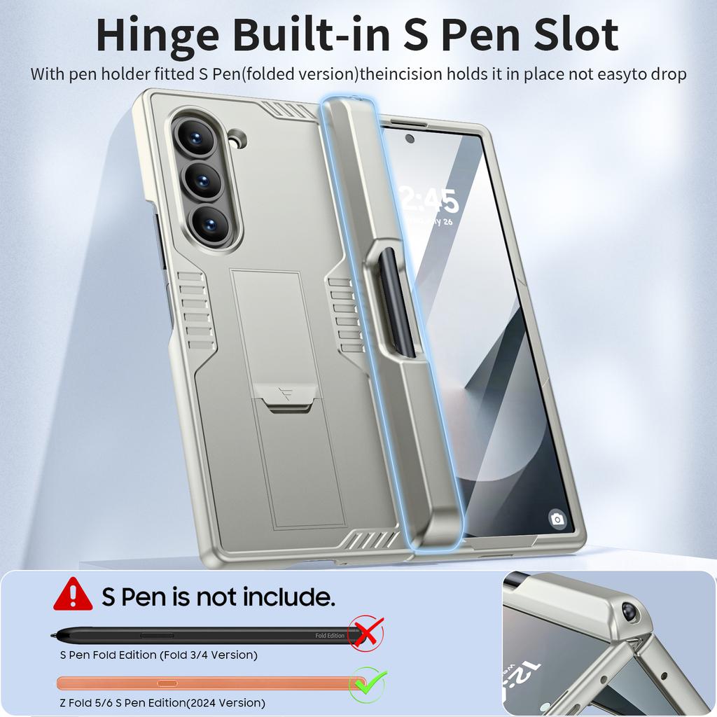 for Samsung Galaxy Z Fold 6 Phone Case With S Pen Holder, Hidden Stand, Screen Protector, Sturdy Shockproof Protective Case-Champagne