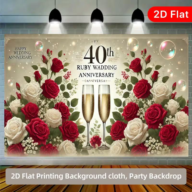 2D Flach Gedruckter 40. Jubiläum Hintergrund, Elegantes Rubinhochzeit Foto Banner mit Rosen & Blasen