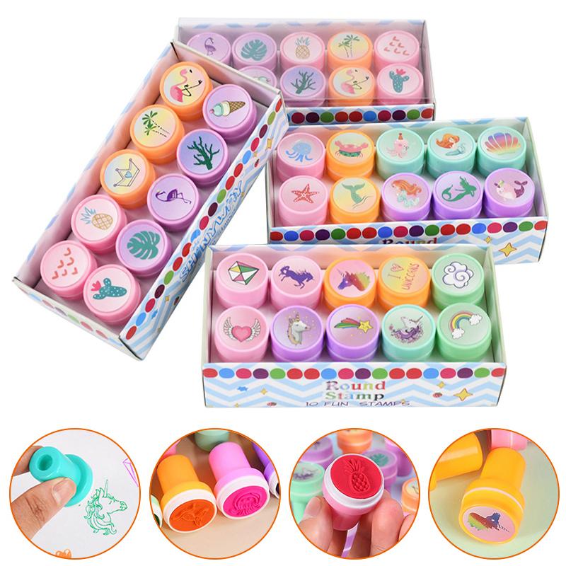 10Pcs Cartoon Self-ink Stamps Kids Mermaid Unicorn Birthday Party Favors Gift Flamingo Hawaiian Party Decor Supplies Wedding