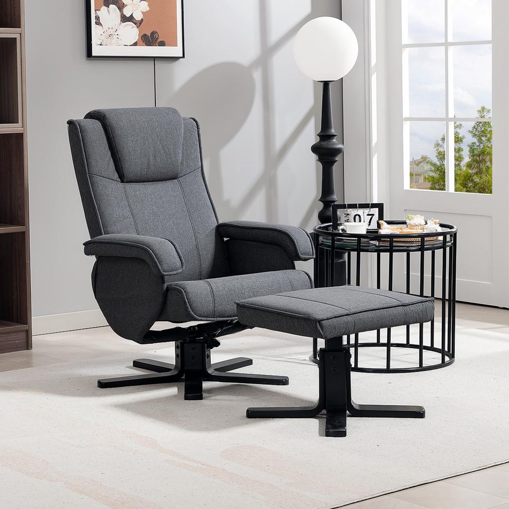 Swivel Recliner Chair with Footstool - Charcoal Grey Linen