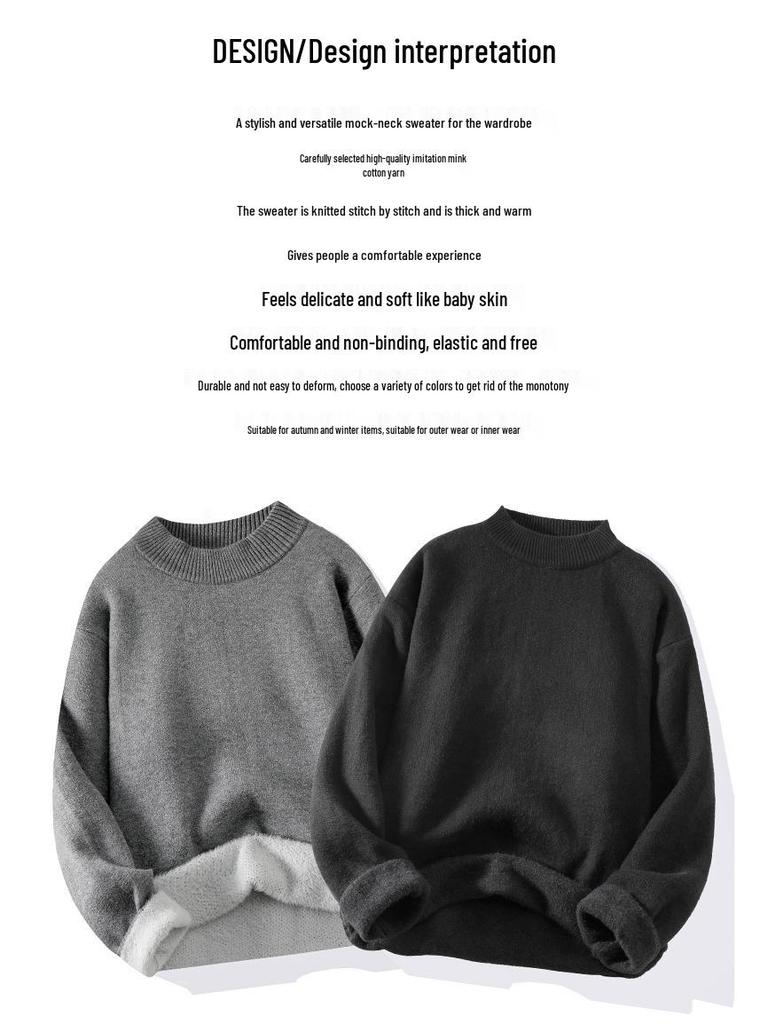 Men's Plush Half-High Collar Sweater, Fleece Knitwear, Thickened Warm Base Layer, Cross-Border Knit Sweater
