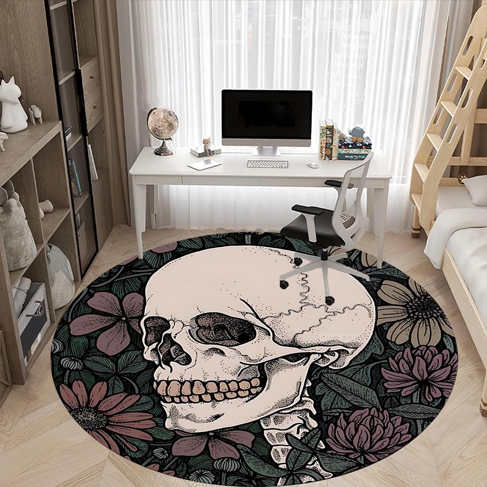 1PC Skull Flowers Office Round Area Rug, Mat Suitable For Office, Under Office Chairs Bedroom Living Room Home Decor, Room Deco