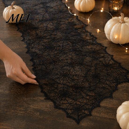Breathable Lace Fabric Spider Web Table Runner, Black Gothic Festival Theme Mat Cobweb Runner for Halloween Dining Decoration