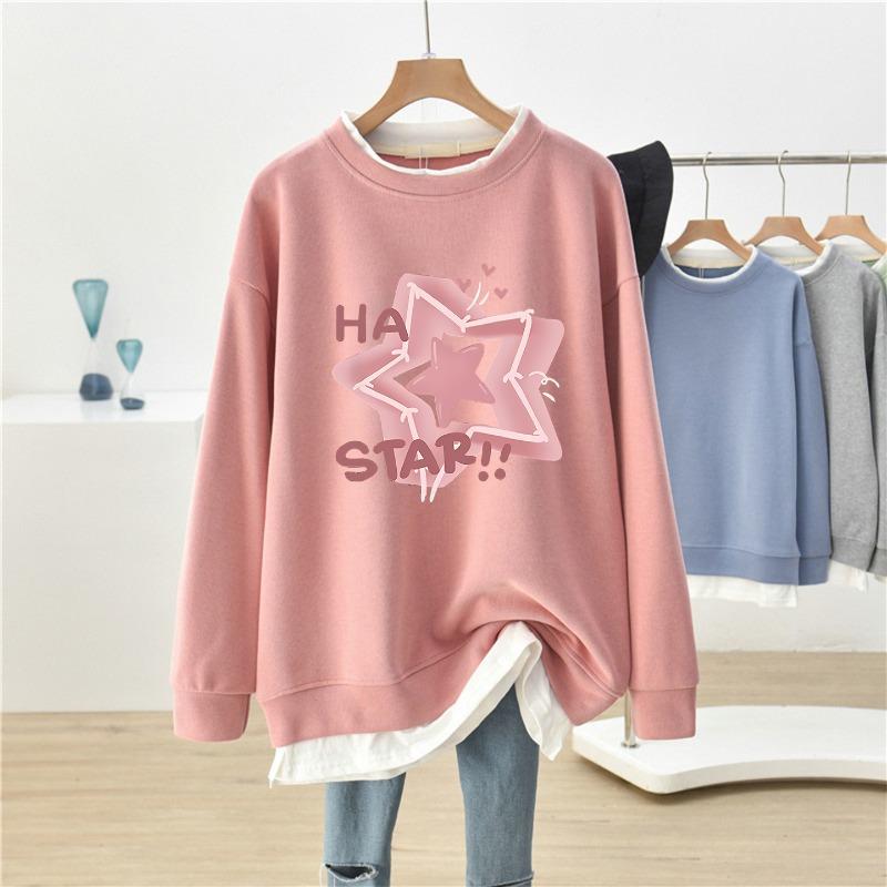 Star Print Fake Two Women's Plus Size Hoodie Long Sleeved Round Neck Sweatshirt  Autumn Warm Woman Loose Casual Top