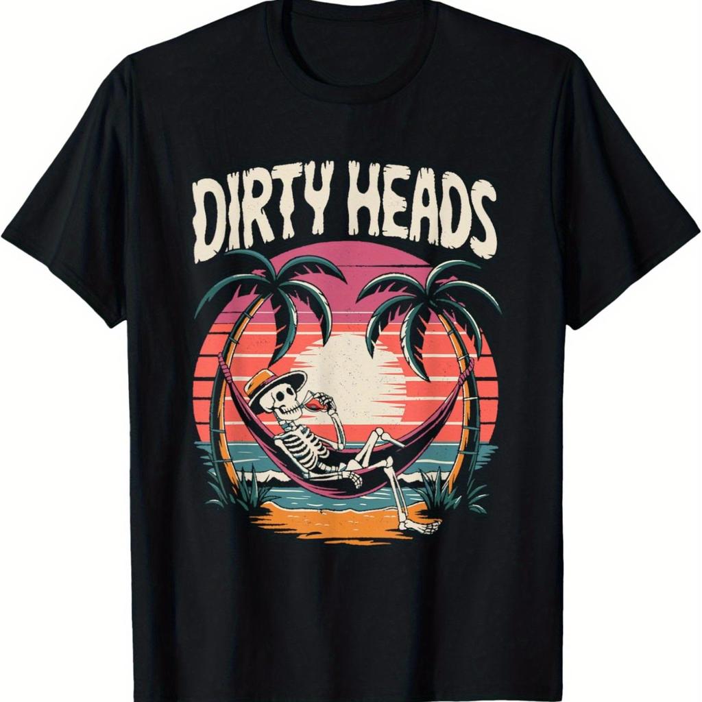 Dirty Heads Skeleton Relaxing Tropical Sunset Graphic Tee Men Women Casual Cotton T-Shirt
