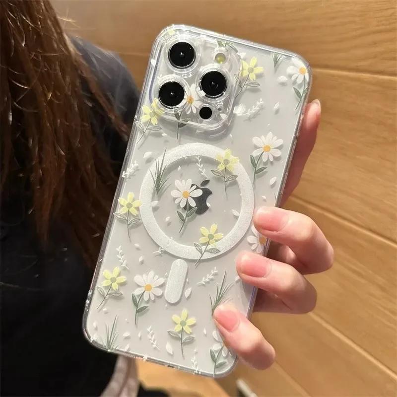 Luxury Clmj Small Chrysanthemum Flower Magsafe Magnetic Phone Case for iPhone 16 15 14 13 12 11 8 7 Plus Pro Max XR XSMax Cover