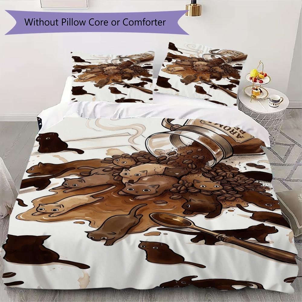 Coffee Black Cat Pattern Bedding Uilt Set Uilt Cover Pillowcase Home Decoration Birthday Gift (1 * Duvet Cover + 2 * Pillowcase Without Core)