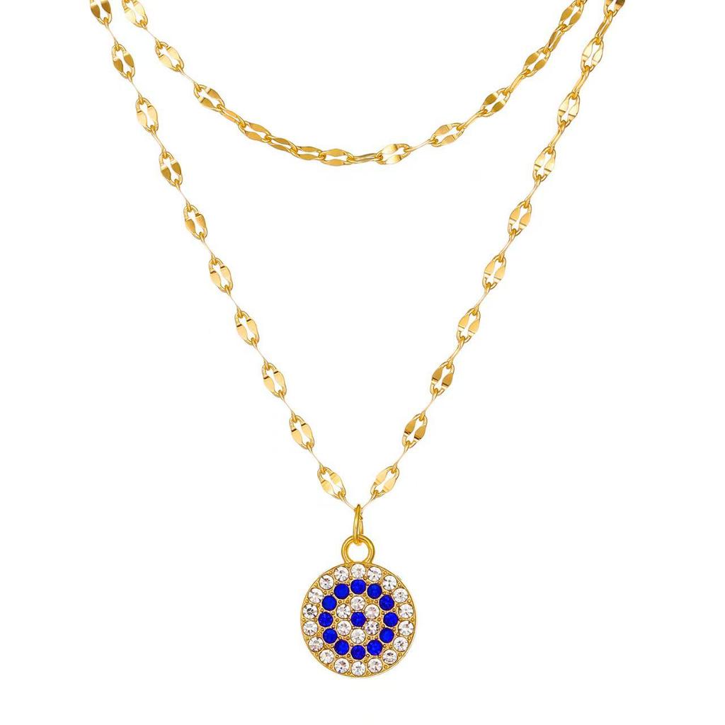 European & American Double Layer Evil Eye Pendant Necklace - Trendy Alloy Retro Chain for Women