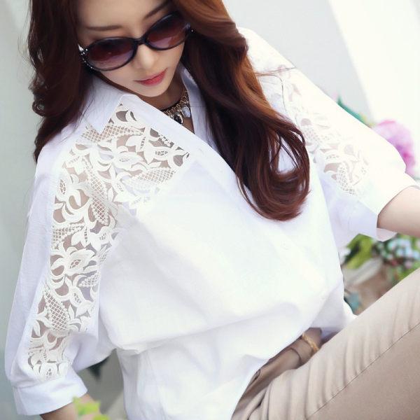 Korean Style Women's White Chiffon Lace Short-Sleeve Loose Fit Mid-Length Top