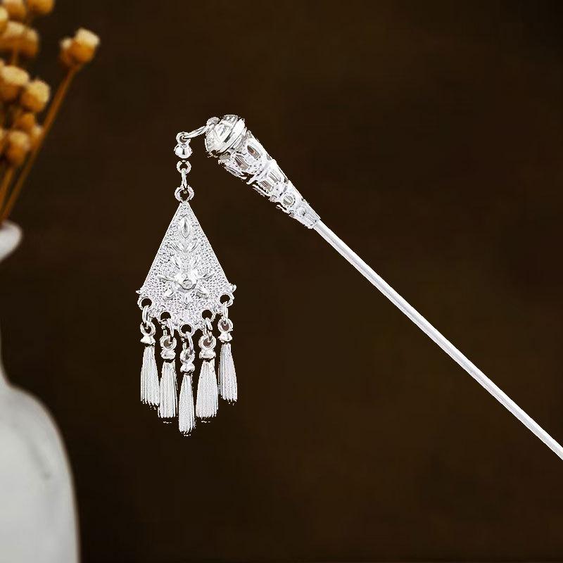 Turquoise Tassel Hanfu Hairpin with Hollow Flower Design