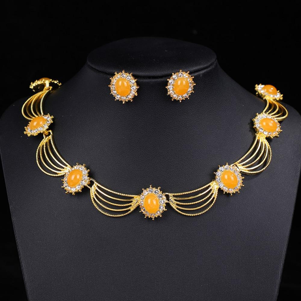 Gold-Tone Gemstone Necklace Set Geometric Statement Jewelry Set Earring Matching Set  Women